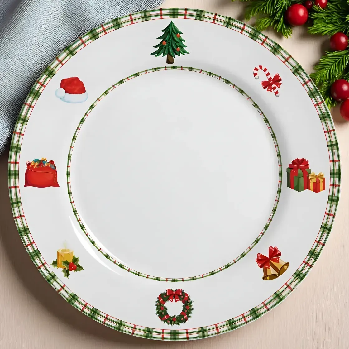 Prato Raso Branco Natal Jingle Bells Cerâmica Alleanza 6pcs Prato Natal — foto 2 de 7